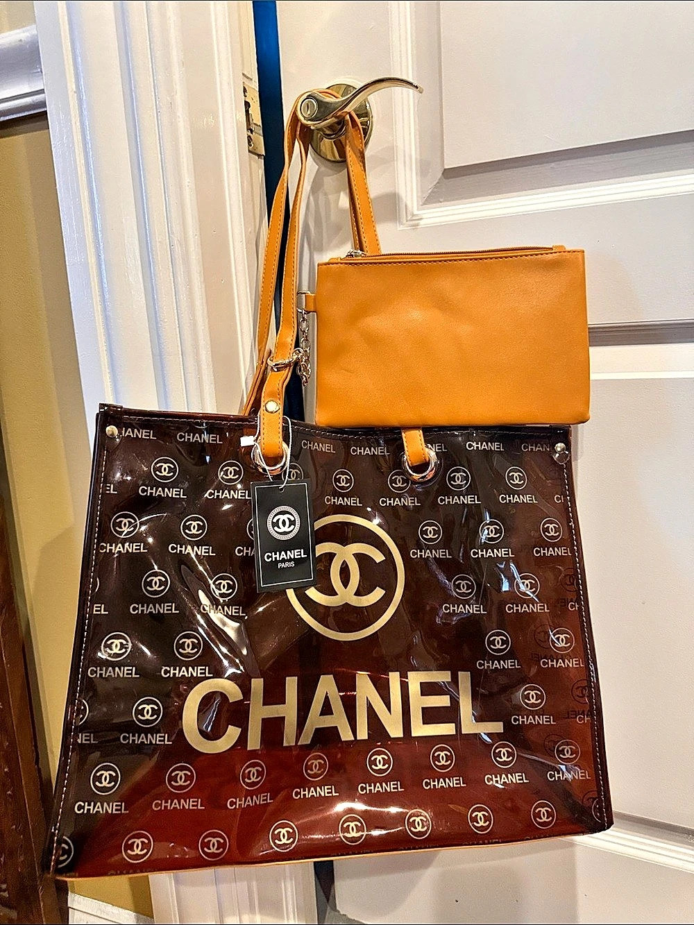 FAUX Logo Print Tote in TRANSPARENT Brown & orange tan BNWT 16”x 16”